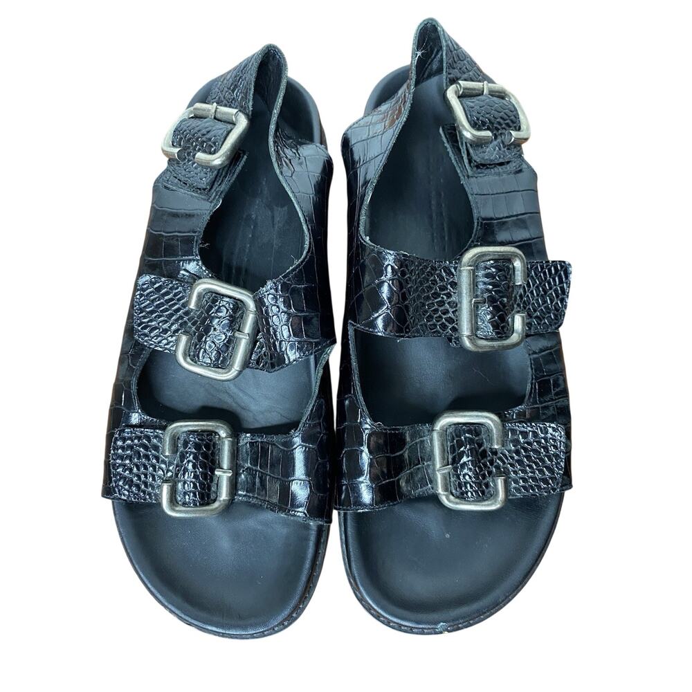 Freda Salvador Piper Leather Sandal Women's 7 Black Croc Pattern Slingback Flat - Picture 4 of 10